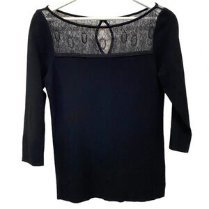 WHBM Lace Keyhole Neck  and Ribbed Black Fitted 3/4 Sleeve Sweater Size S